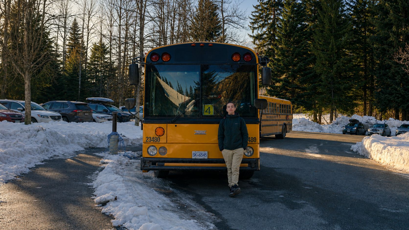 Estudiante frente a un autobús escolar en una mañana de invierno canadiense.