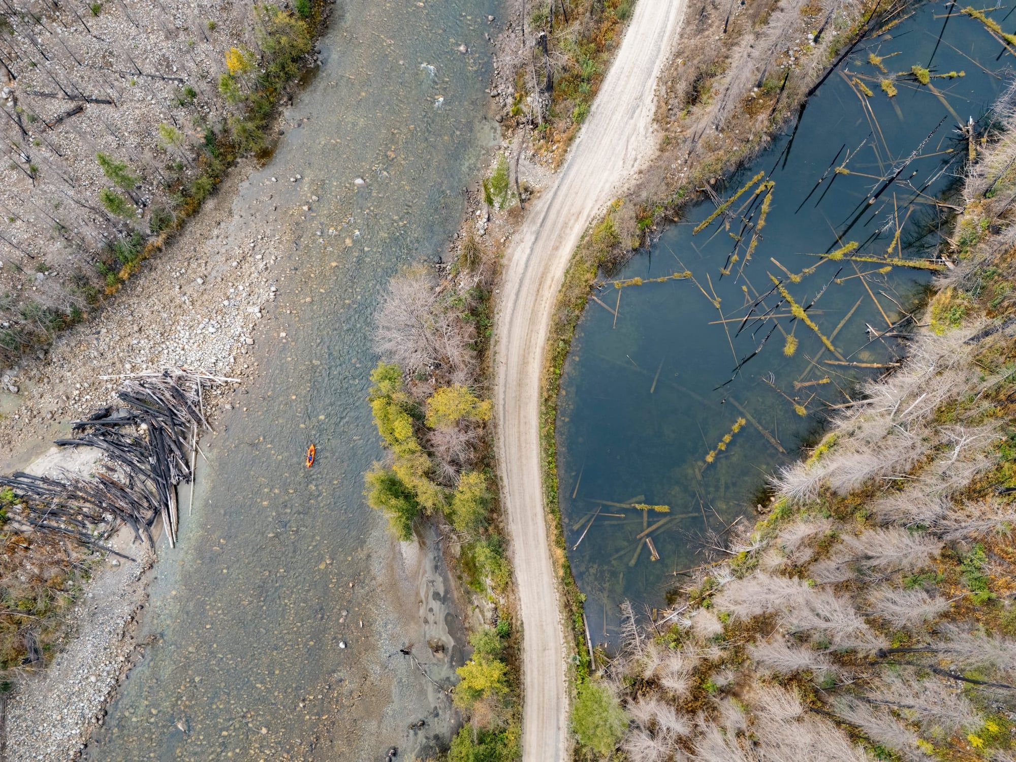 Vista aérea de un río y un camino entre bosques de British Columbia, con un kayakista.